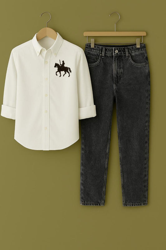 Mens White Shirt Full Horse Logo Jeans Combo