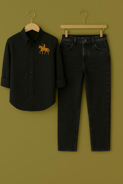 Mens Black Shirt Full Horse Logo Jeans Combo