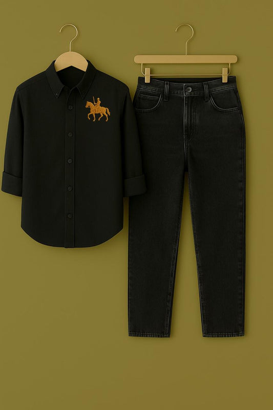 Mens Black Shirt Full Horse Logo Jeans Combo