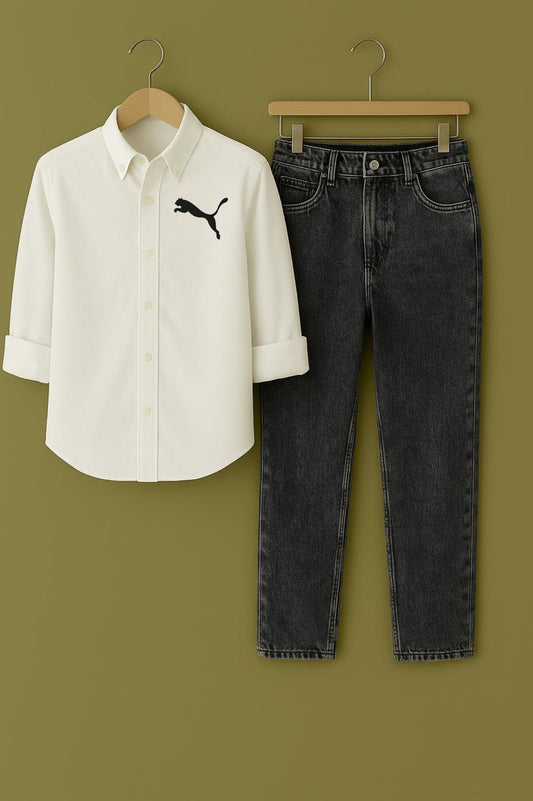 Mens White Shirt Jaguar Logo Jeans Combo