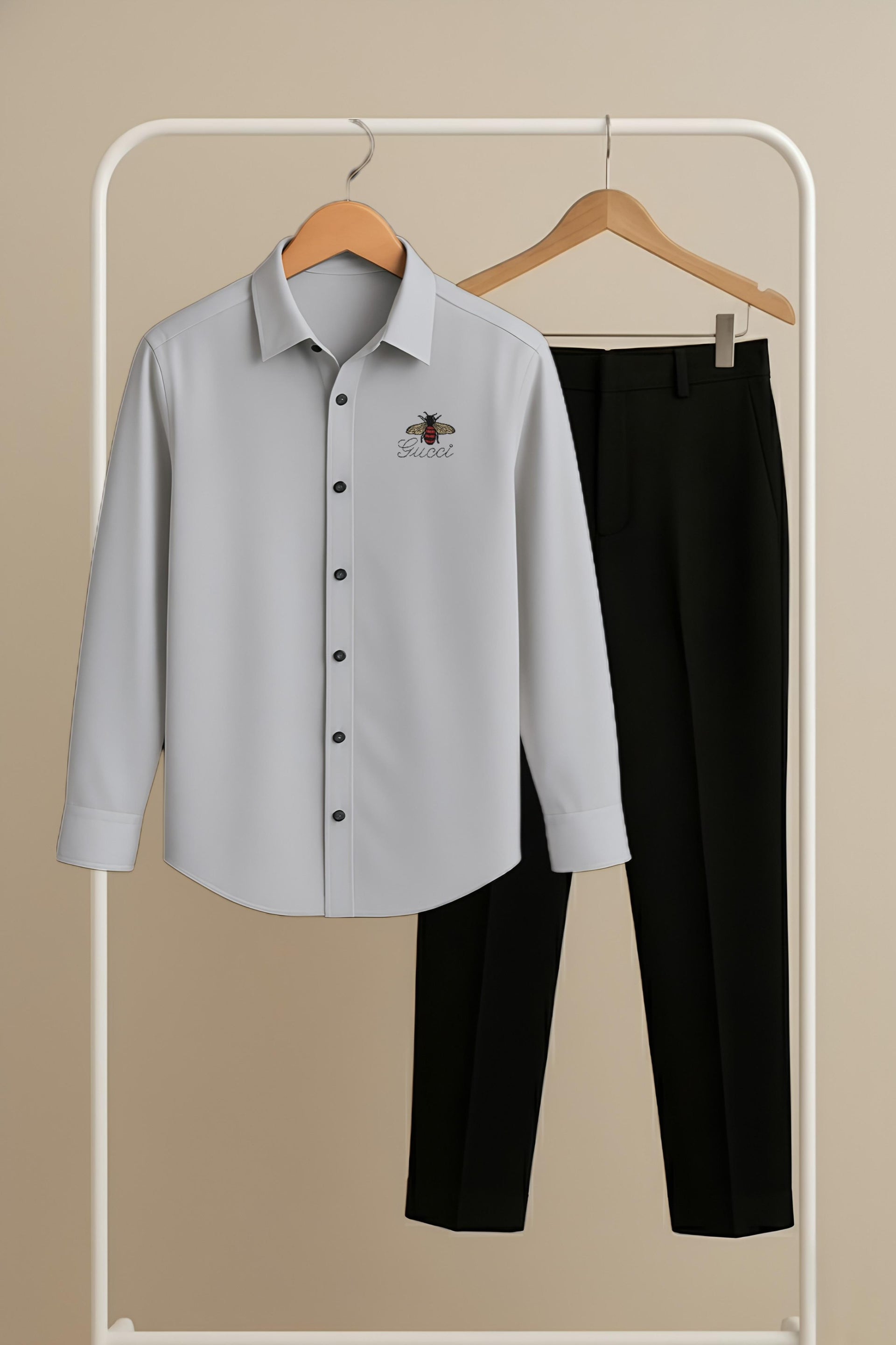 Grey–Black Premium Shirt & Pant Combo – Gucci Bee Logo