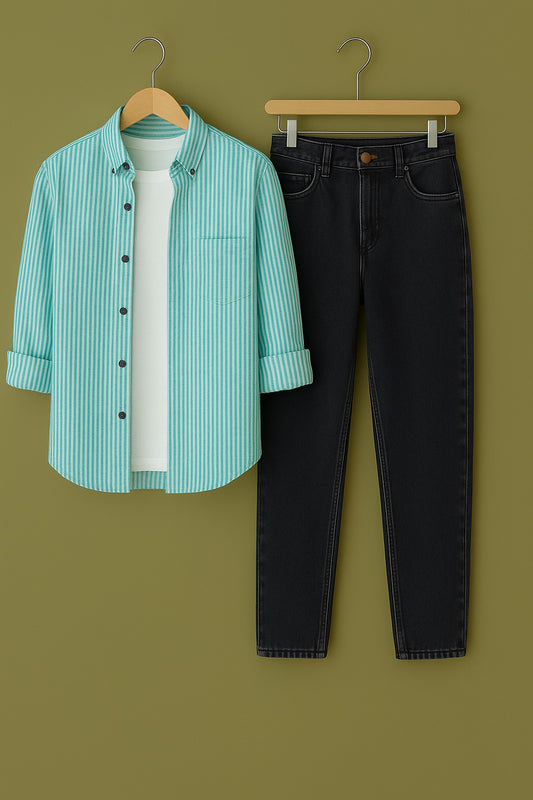 Mens Strips Shirt And Jeans Combo