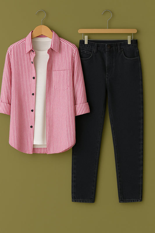 Mens Strips Shirt And Jeans Combo