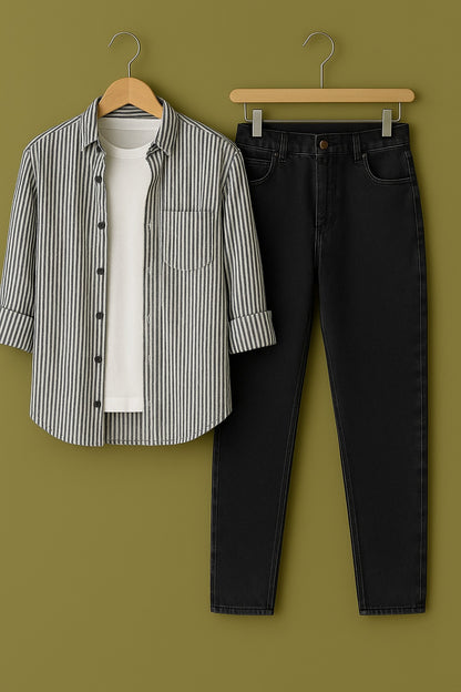 Mens Strips Shirt And Jeans Combo