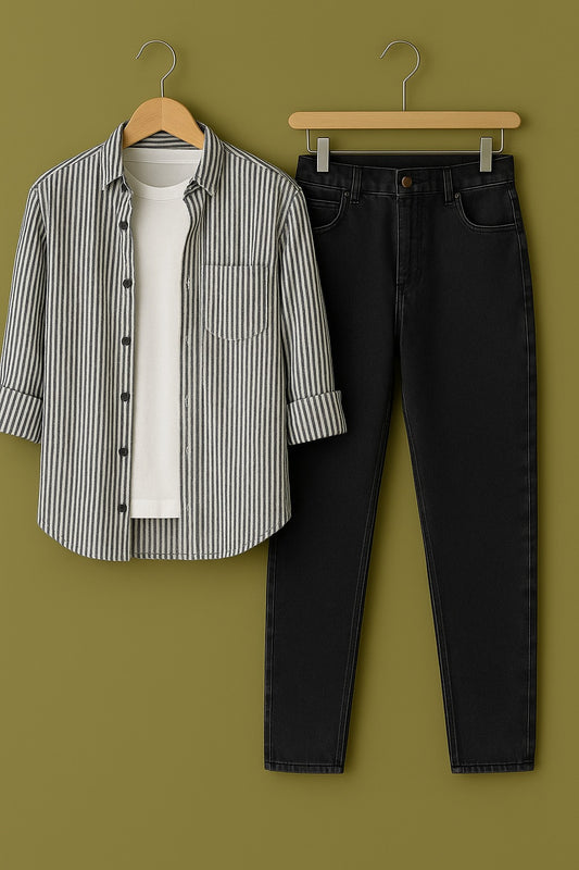 Mens Strips Shirt And Jeans Combo