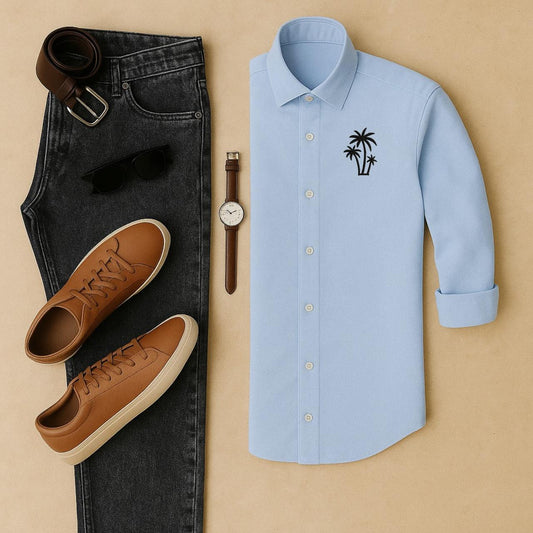 Mens Embroidery Shirt And Jeans Combo