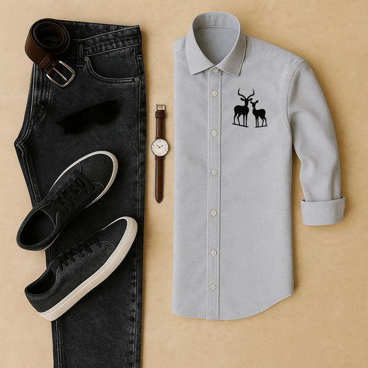 Mens Embroidery Shirt And Jeans Combo