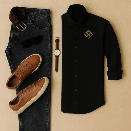 Mens Embroidery Shirt And Jeans Combo