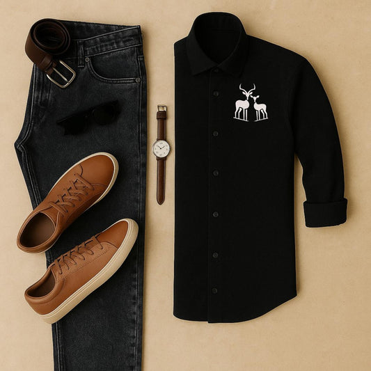 Mens Embroidery Shirt And Jeans Combo