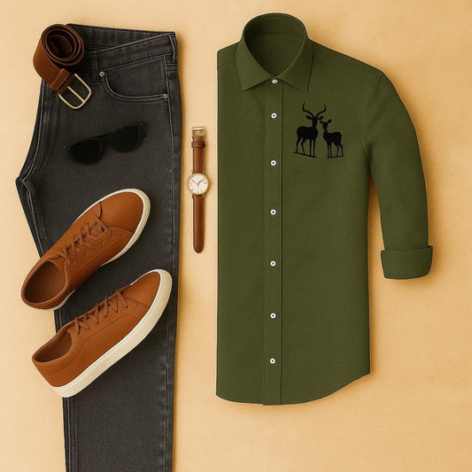 Mens Embroidery Shirt And Jeans Combo