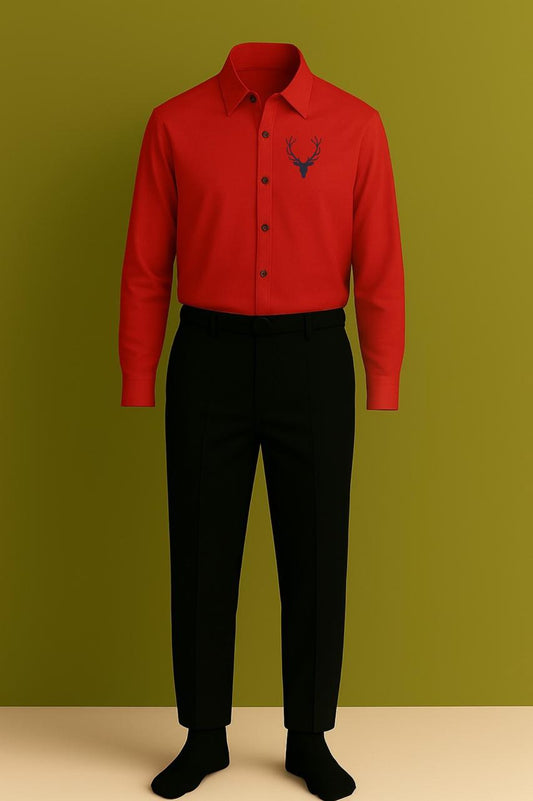 MAMASWEAR DEER RED EMBROIDERED CLUB WEAR COTTON SHIRT AND PANT
