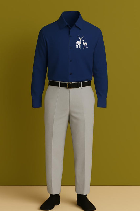 MAMASWEAR TWO DEER BLUE EMBROIDERED CLUB WEAR COTTON SHIRT AND PANT