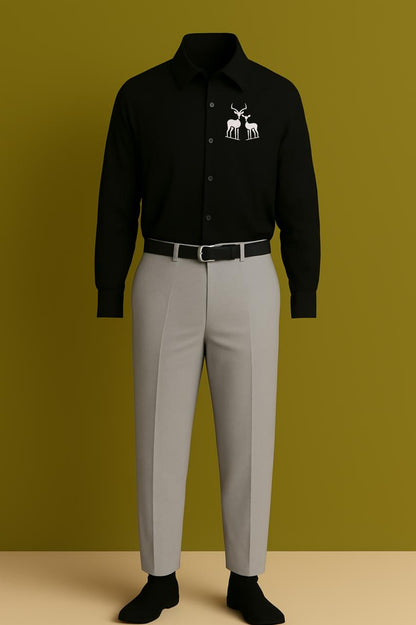 MAMASWEAR TWO DEER BLACK EMBROIDERED CLUB WEAR COTTON SHIRT AND PANT