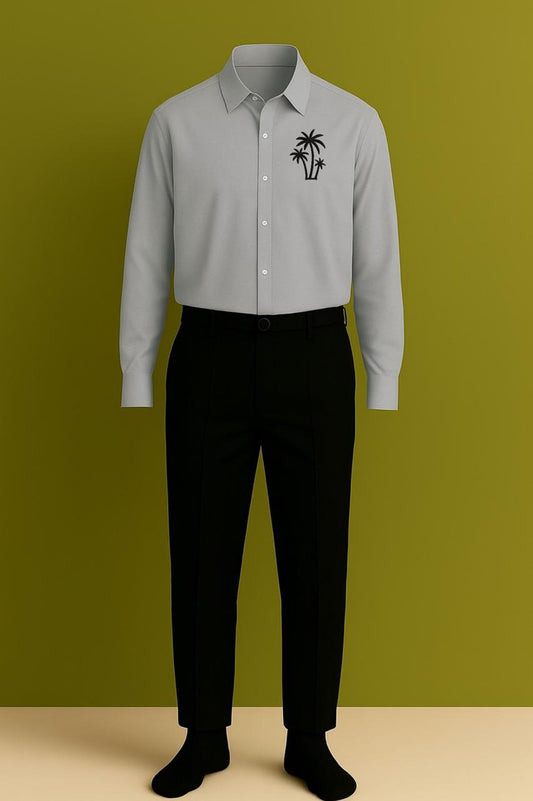 MAMASWEAR COCONUT TREE DEER GREY EMBROIDERED CLUB WEAR COTTON SHIRT AND PANT