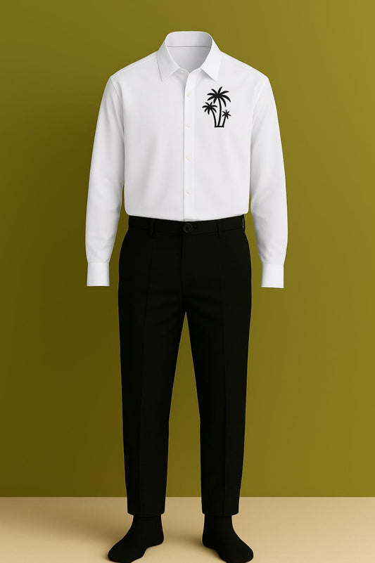 MAMASWEAR COCONUT TREE WHITE EMBROIDERED CLUB WEAR COTTON SHIRT AND PANT
