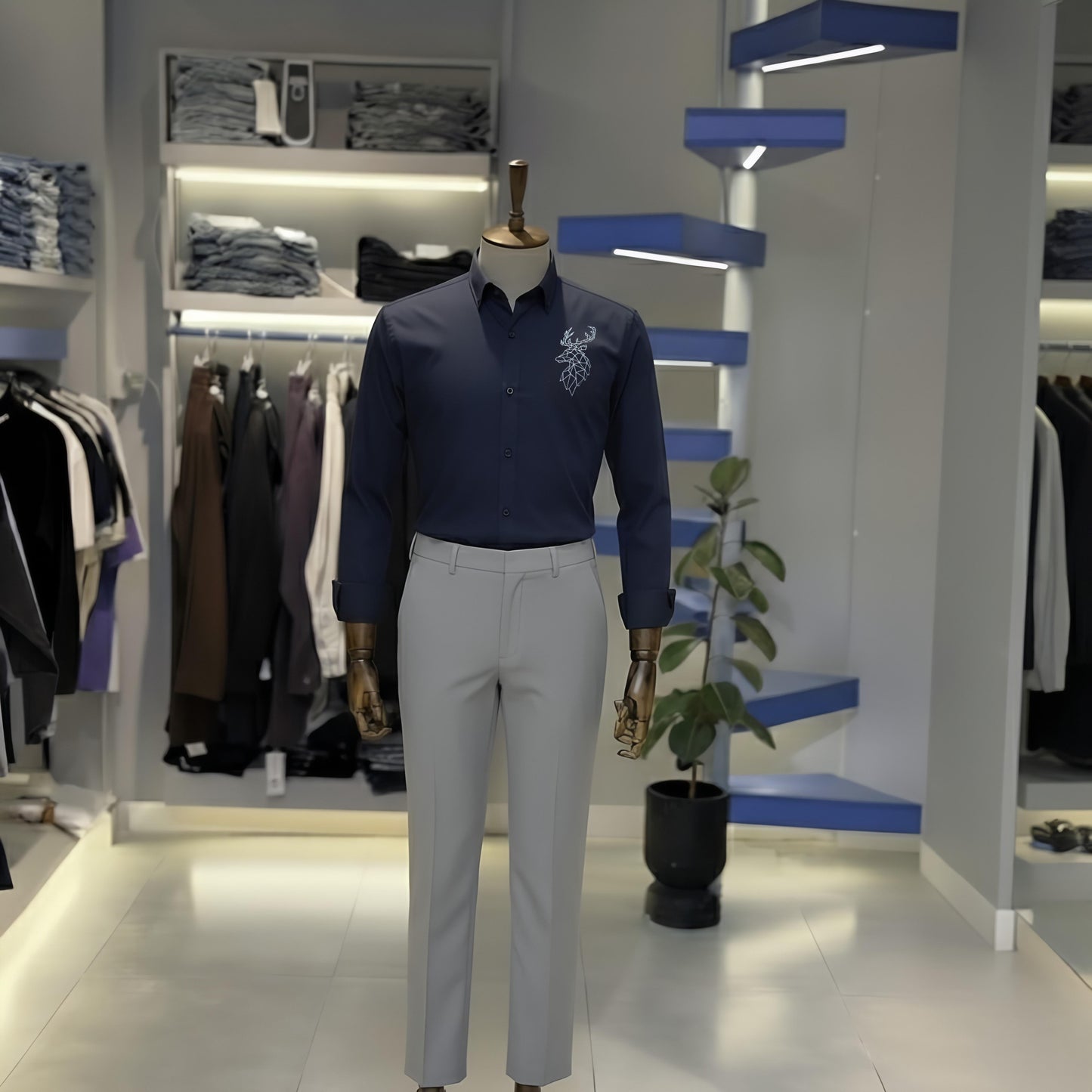 Royal Navy Blue “Golden Deer” Shirt & Light Grey Trouser Set