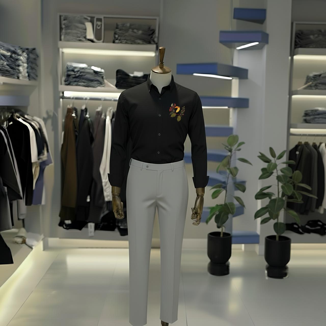 Black “Multi Sparrow” Premium Shirt & Light Grey Trouser Set