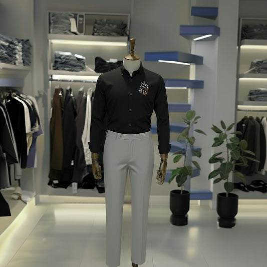 Black “Golden Horse” Premium Shirt & Light Grey Trouser Set