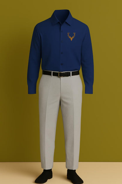 MAMASWEAR DEER BLUE EMBROIDERED CLUB WEAR COTTON SHIRT AND PANT