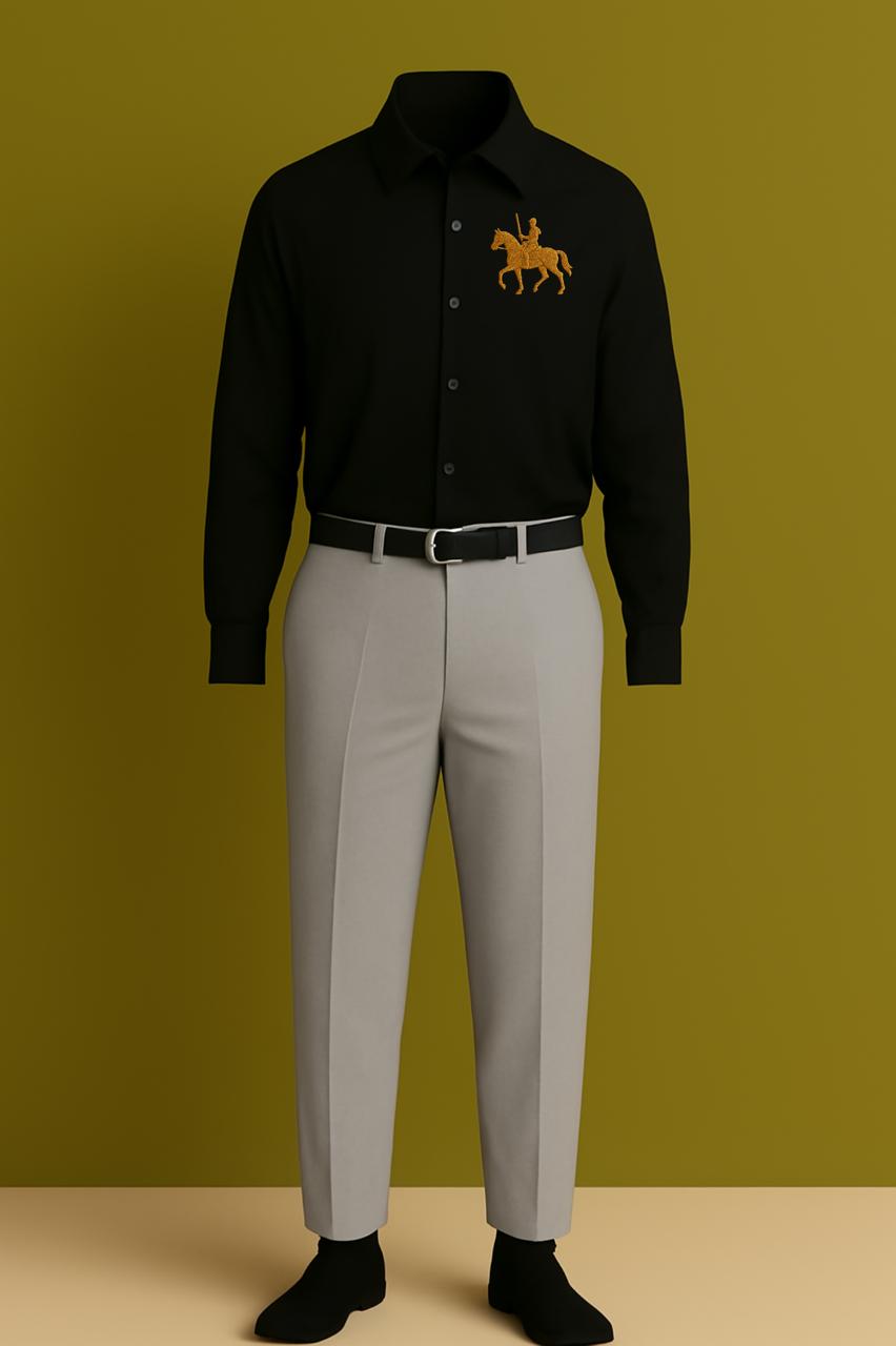 MAMASWEAR HORSE BLACK EMBROIDERED CLUB WEAR COTTON SHIRT AND PANT