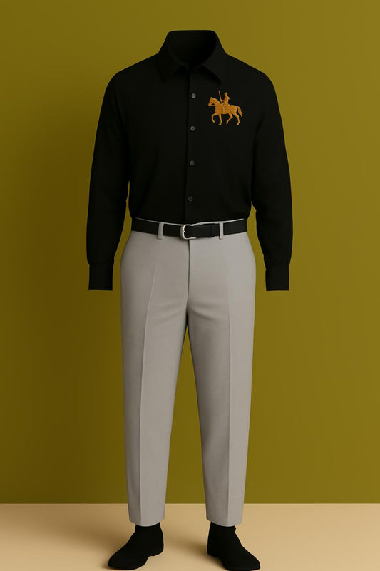 MAMASWEAR HORSE BLACK EMBROIDERED CLUB WEAR COTTON SHIRT AND PANT
