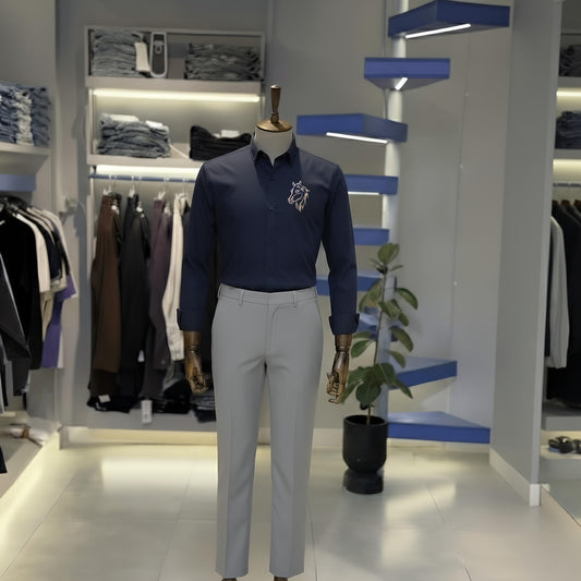 Navy Blue “Golden Horse” Shirt & Light Grey Trouser Set