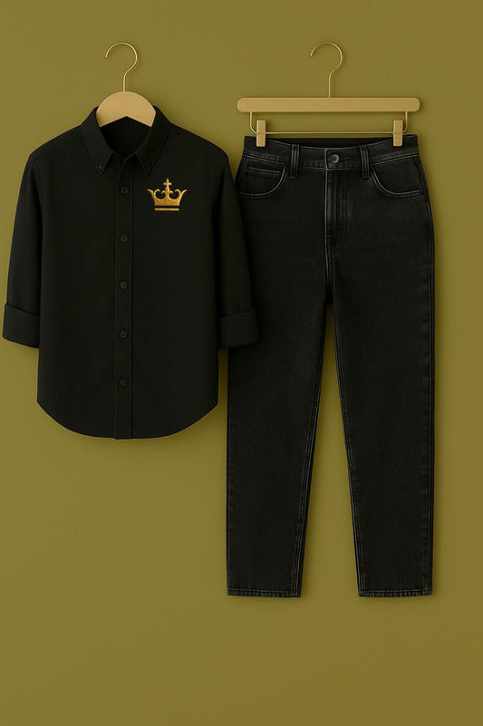 Mens Black Shirt King Logo Jeans Combo